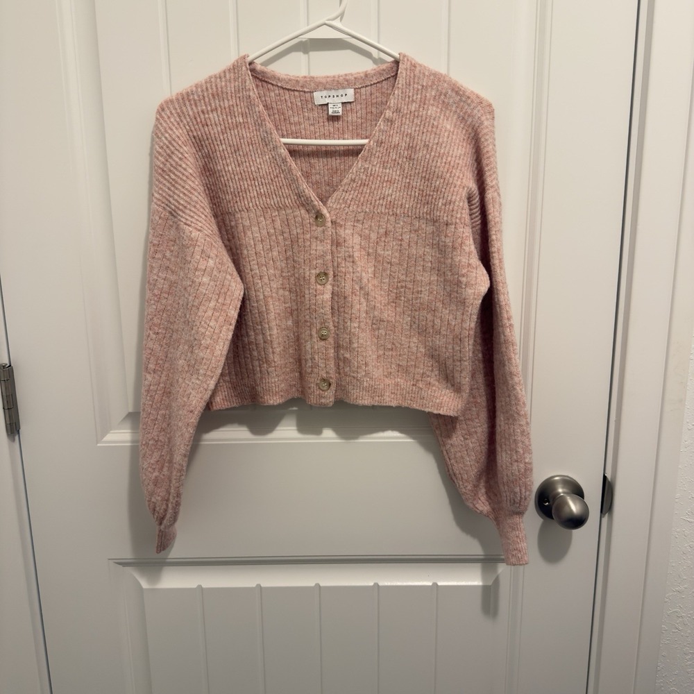 Topshop Women's Pink White Crop Sweater Cardigan Size S